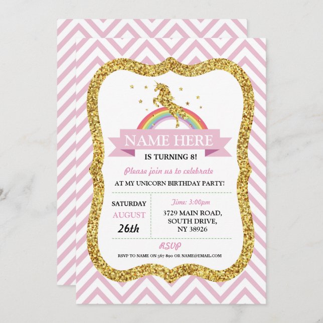 Unicorn Birthday Pink Party Gold Glitzer Regenboge Einladung (Vorne/Hinten)