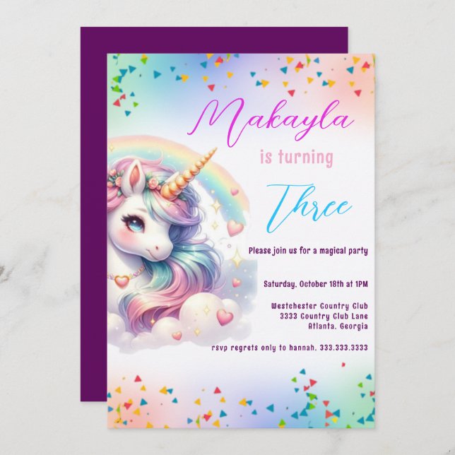Unicorn Birthday Rainbow Party individuell anpassb Einladung (Vorne/Hinten)