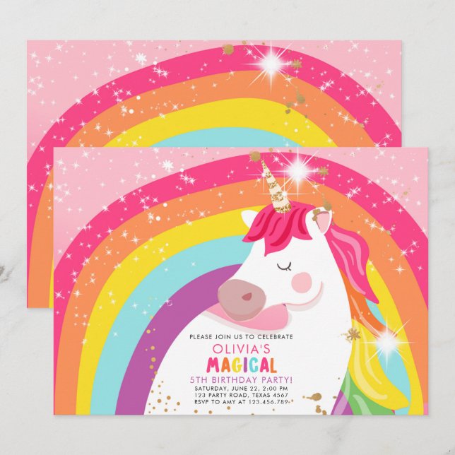 Unicorn Birthday Rainbow Party Magical Girl Invita Einladung (Vorne/Hinten)