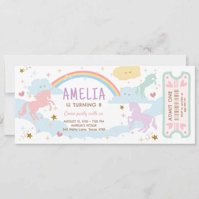 Unicorn Birthday Rainbow Pastel Magical Ticket Einladung (Vorderseite)