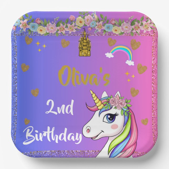 Unicorn Birthday Teller | Rainbow Unicorn-Party (Vorderseite)