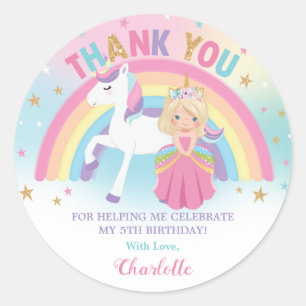 Unicorn Blonde Princess Birthday Vielen Dank Runder Aufkleber