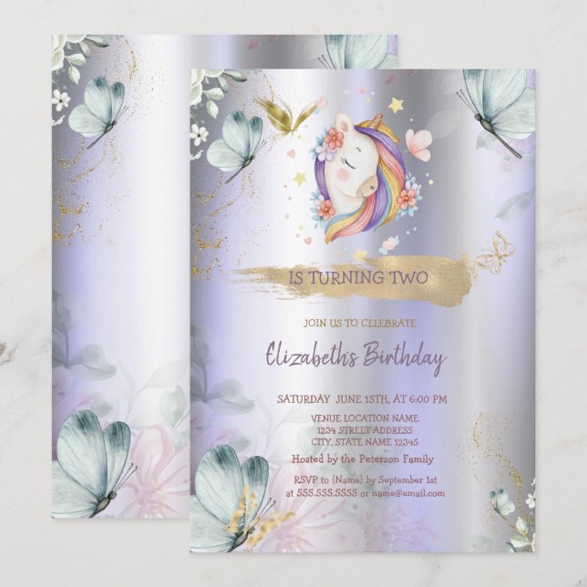 Unicorn Blue Butterflies Violet Metallic Geburtsta Einladung (Vorne/Hinten)