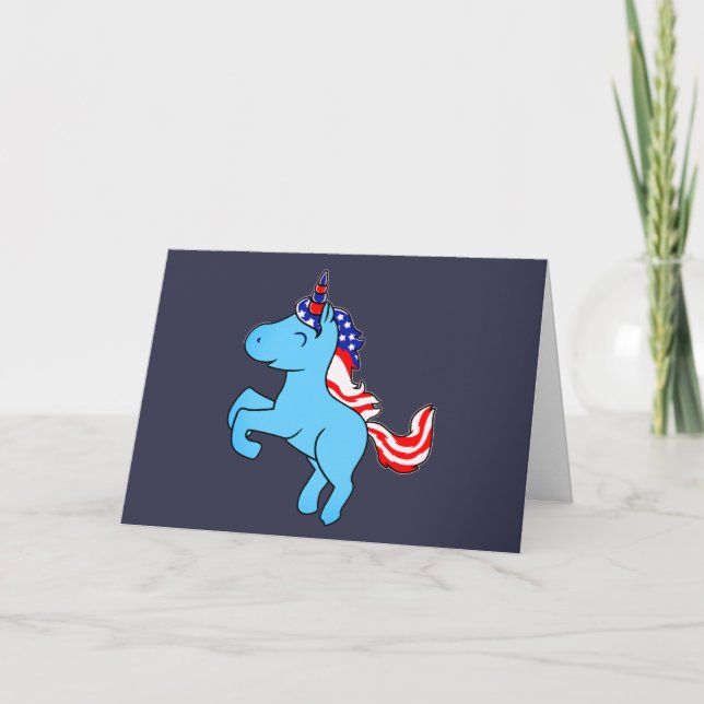 Unicorn Blue Patriotic USA Flag Mane Cartoon Karte (Vorderseite)