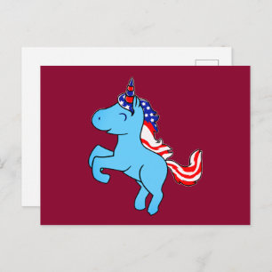 Unicorn Blue Patriotic USA Flag Mane Cartoon Postkarte