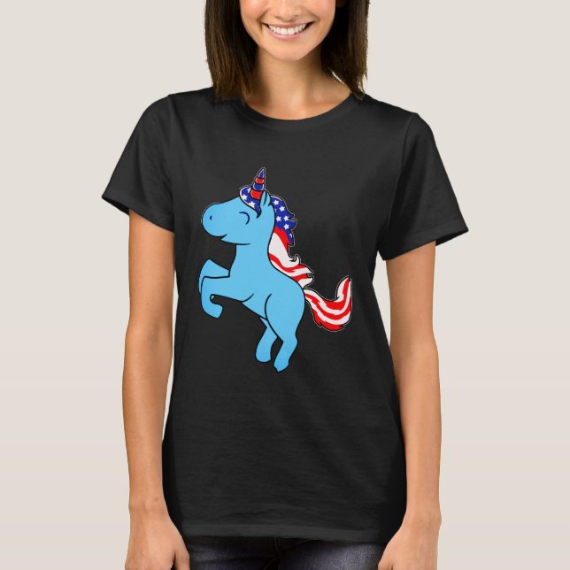 Unicorn Blue Patriotic USA Flag Mane Cartoon T-Shirt (Vorderseite)