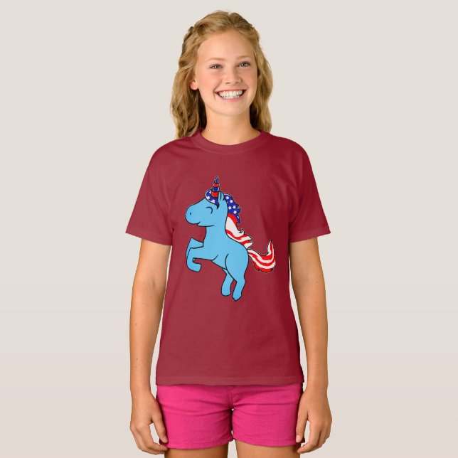 Unicorn Blue Patriotic USA Flag Mane Cartoon T-Shirt (Vorne ganz)