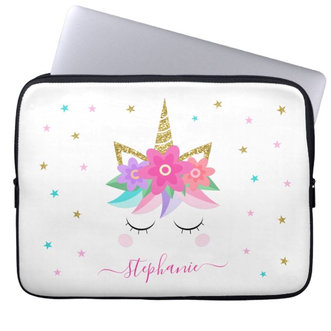 Unicorn Blume Gold Glitzer Personalisiert Laptopschutzhülle (Vorderseite)