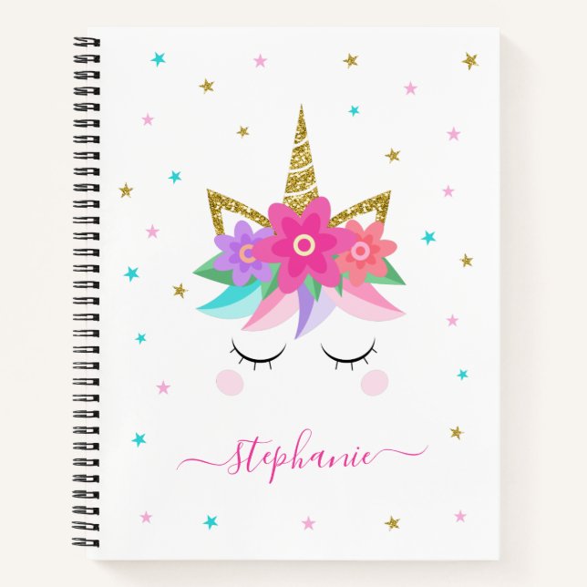 Unicorn Blume Gold Glitzer Personalisiert Notizbuch (Vorderseite)