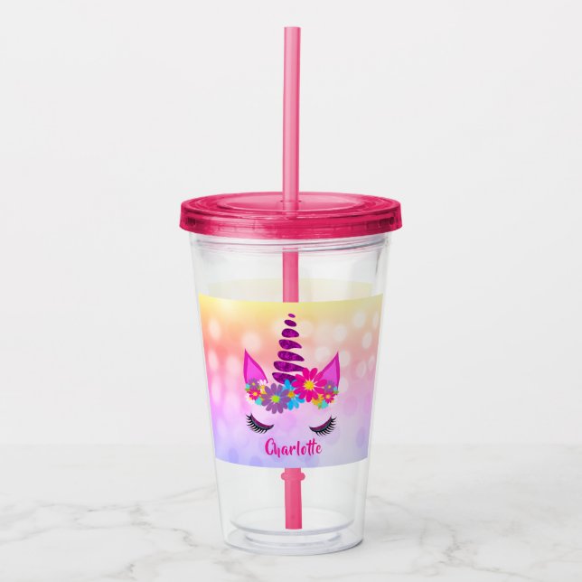 Unicorn Blume Super Niedlich Girly Personalisiert Acryltrinkbecher (Vorderseite)