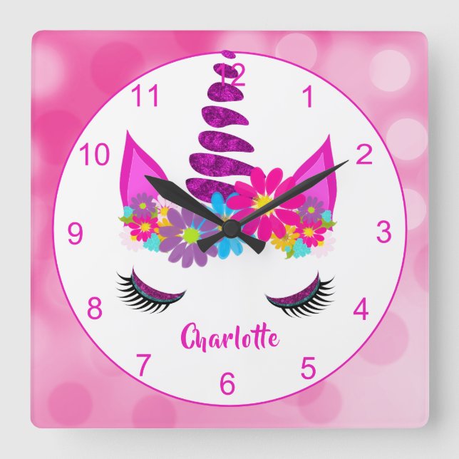 Unicorn Blume Super Niedlich Girly Personalisiert Quadratische Wanduhr (Vorderseite)