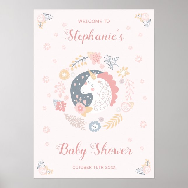 Unicorn Blush Florals Babydusche Personalisiert Poster (Vorne)