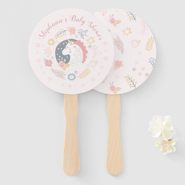 Unicorn Blush Florals Kinderdusche Einladungen Fächer (Vorne und Hinten)