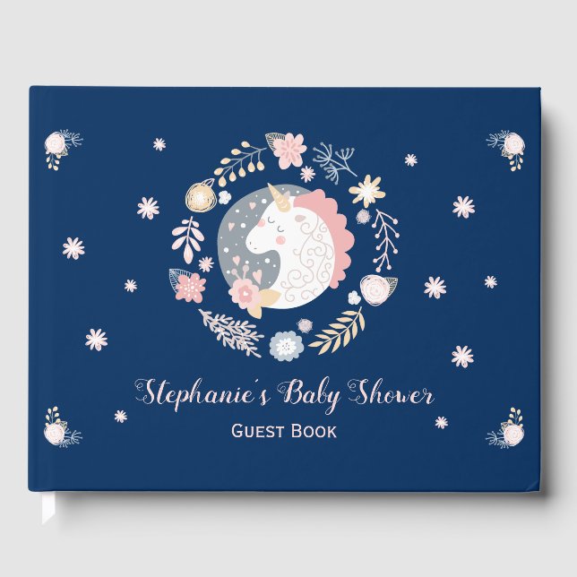 Unicorn Blush & Navy Baby Dusche Personalisiert Gästebuch (Vorderseite)