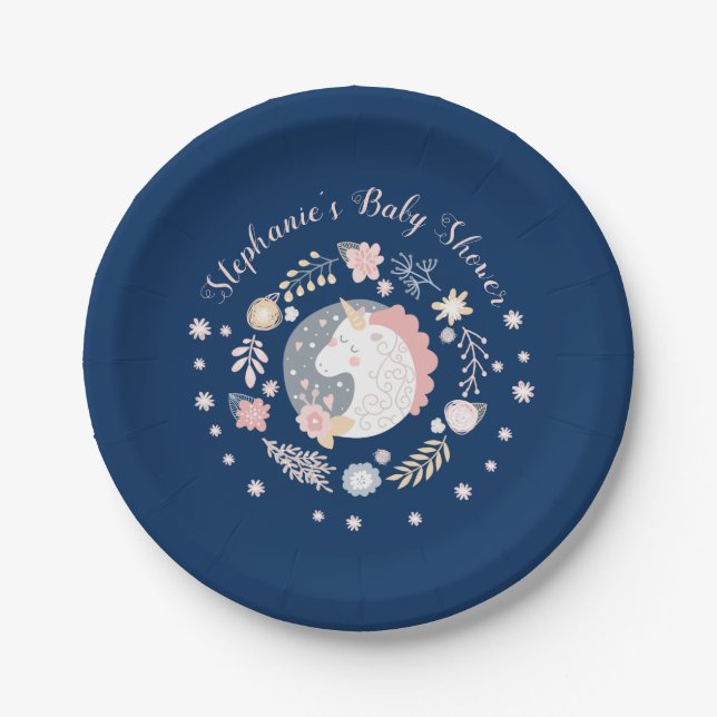 Unicorn Blush & Navy Baby Dusche Personalisiert Pappteller (Vorderseite)