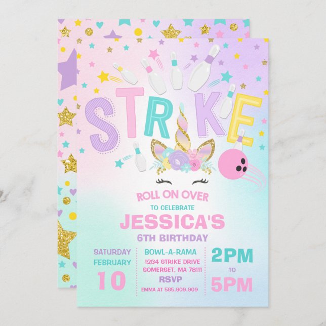Unicorn Bowling Einladung Bowling Birthday Party (Vorne/Hinten)
