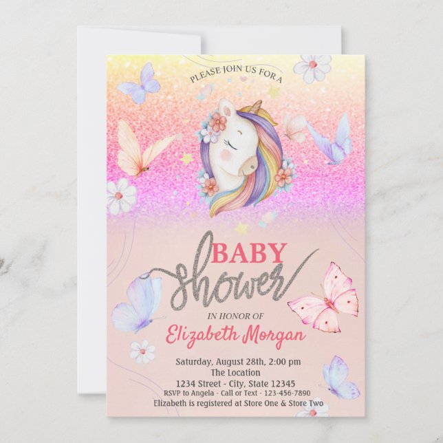 Unicorn Butterflies Glitzer Baby Shower Einladung (Vorderseite)