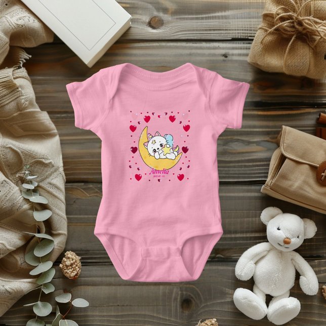 Unicorn Cat Dreams Magical Moon Hearts  Baby Strampler (Kawaii Unicorn Cat on the Moon Baby Wear)