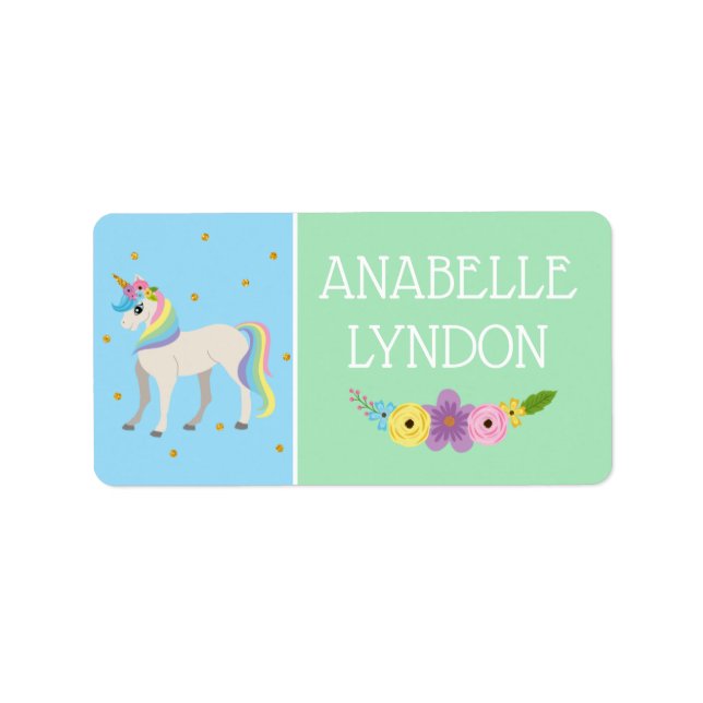 Unicorn Child School Name Labels | Editierbare Far Adressaufkleber (Vorne)