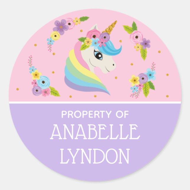 Unicorn Child School Name Labels | Editierbare Far Runder Aufkleber (Vorderseite)