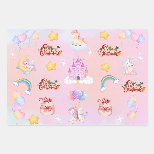 Unicorn Christmas Wrapping Paper Geschenkpapier Set (Vorderseite)