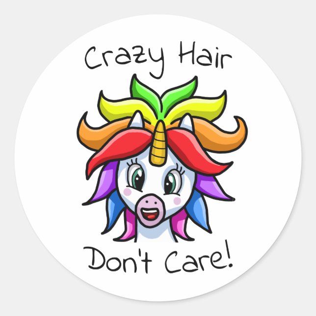 Unicorn Crazy Hair Keine Sorge Funny Runder Aufkleber (Vorderseite)