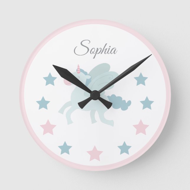 Unicorn Custom Name Cute Pink Blue  Runde Wanduhr (Vorderseite)
