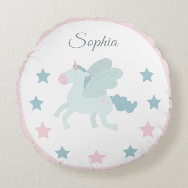 Unicorn Custom Name Cute Pink Blue  Rundes Kissen (Vorderseite)