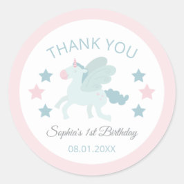Unicorn Cute Pink Blue Thank You Birthday  Runder Aufkleber
