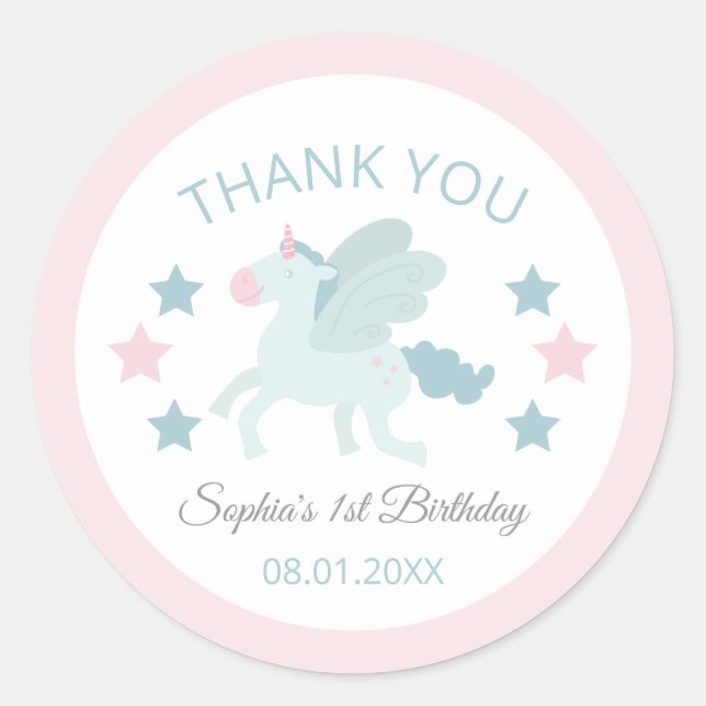 Unicorn Cute Pink Blue Thank You Birthday  Runder Aufkleber (Vorderseite)
