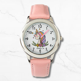 Unicorn Cute Whimsical Girly Pink Floral Girl's Armbanduhr