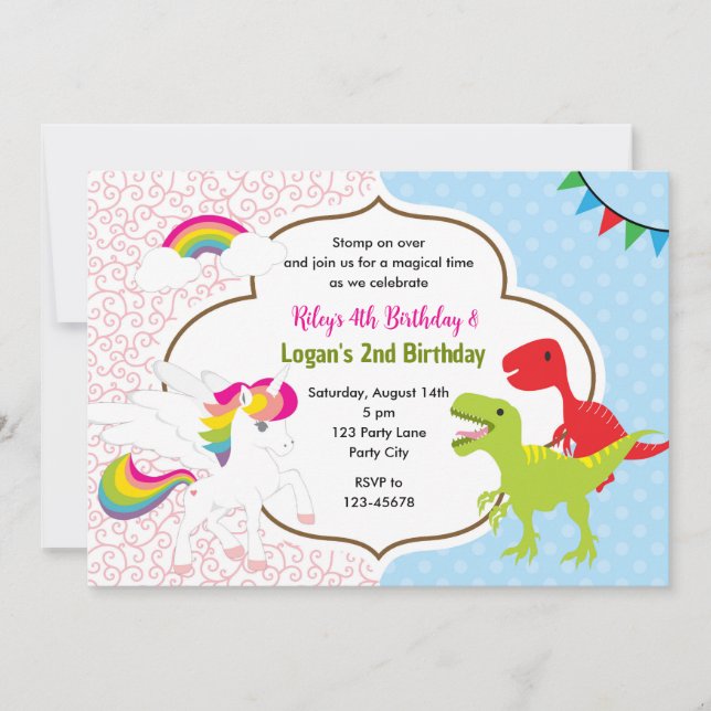 Unicorn & Dinosaur Joint Boy Girl Birthday Invites Einladung (Vorderseite)