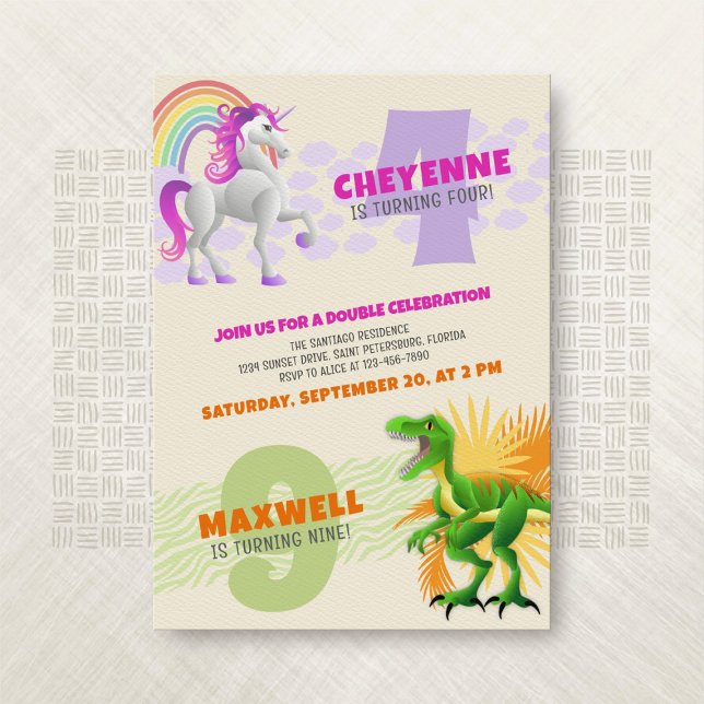 Unicorn Dinosaur Joint Double Birthday Einladung (Von Creator hochgeladen)