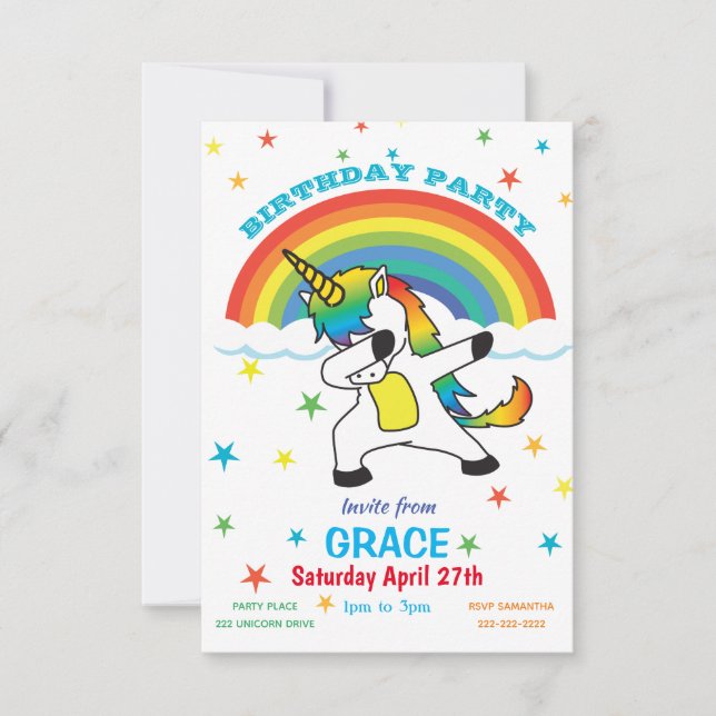 Unicorn Doing the Dab Rainbow & Stars laden ein Einladung (Vorderseite)