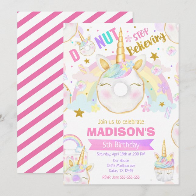 Unicorn Donut Girl Magical Sweet Birthday Party Einladung (Vorne/Hinten)