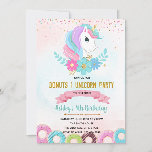 Unicorn Donut wachsen Party Einladung auf (Vorderseite)