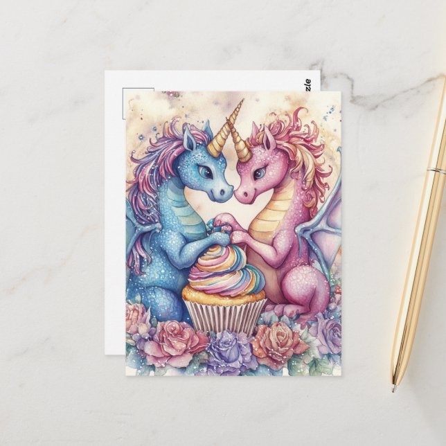 Unicorn Dragons With Cupcake and Flowers Postkarte (Vorderseite/Rückseite Beispiel)
