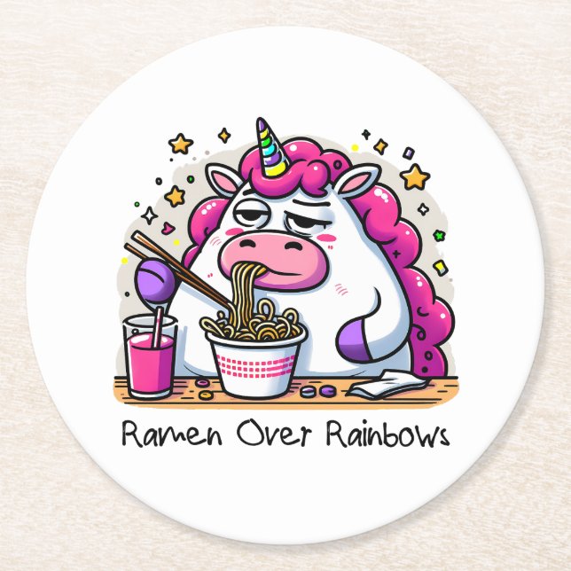Unicorn Eating Ramen Runder Pappuntersetzer (Vorderseite)