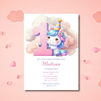 Unicorn Erstes rosa Lila Mädchen Geburtstag Einladung