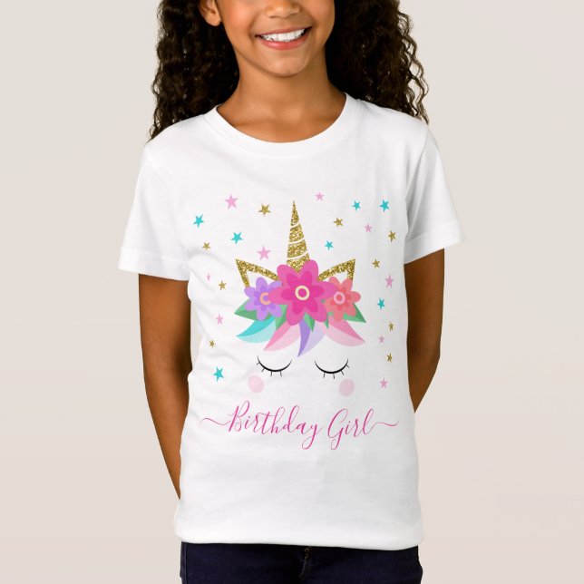 Unicorn Face Floral Birthday Girl T-Shirt (Vorderseite)