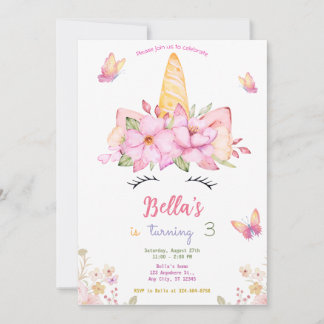 Unicorn Face Floral Watercolor Geburtstagsparty Einladung