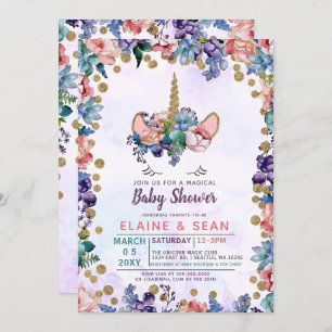 Unicorn Face Glitzer Floral Girl Baby Shower Einladung