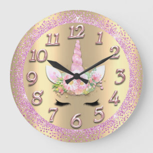 Unicorn Face Gold Numbers Girly Glitter Spark Pink Große Wanduhr