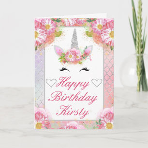 Unicorn Face Pink Silver Birthday Karte