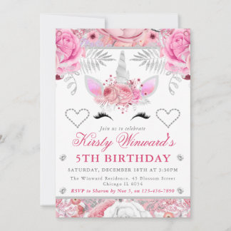 Unicorn Face Pink Silver Girl Geburtstagskinder Einladung