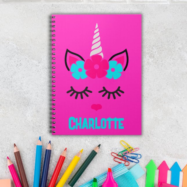 Unicorn Face Pink und Aqua| Individuelle Name Notizblock (Personalize this adorable notebook with her name and unleash the magic. Place your order today!)
