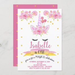 Unicorn Face Pink Watercolor Florals Geburtstag Einladung