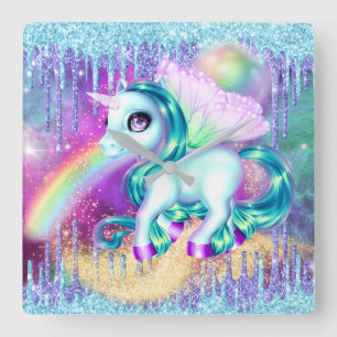Unicorn fairy winter glitter rainbow ice square quadratische wanduhr
