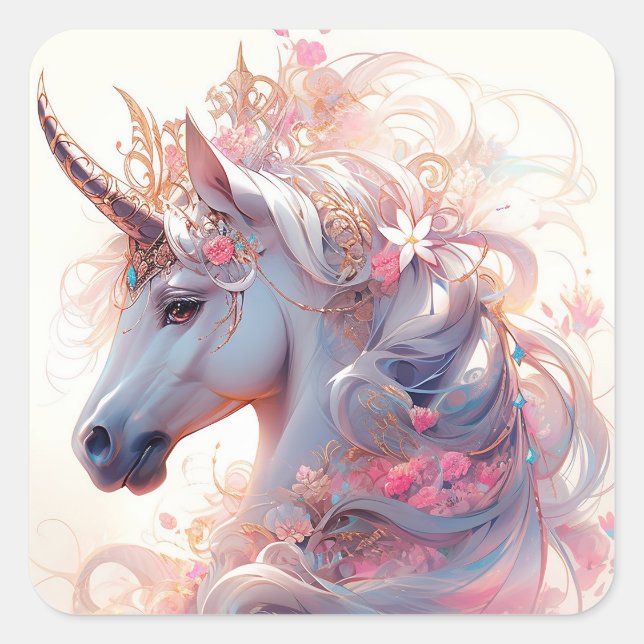 Unicorn Fantasy Art Quadratischer Aufkleber (Vorderseite)