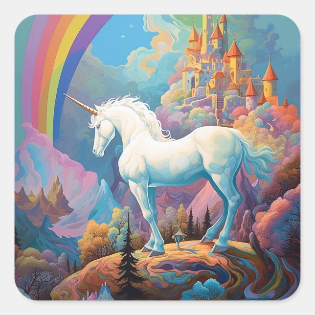 Unicorn Fantasy Art Quadratischer Aufkleber (Vorderseite)